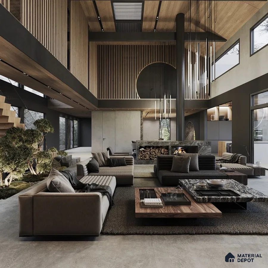 a living room filled with lots of furniture and a large windows in the center of the ceiling fan next to a kitchen and wooden floor in front of a dining room with lots of a window sill of
